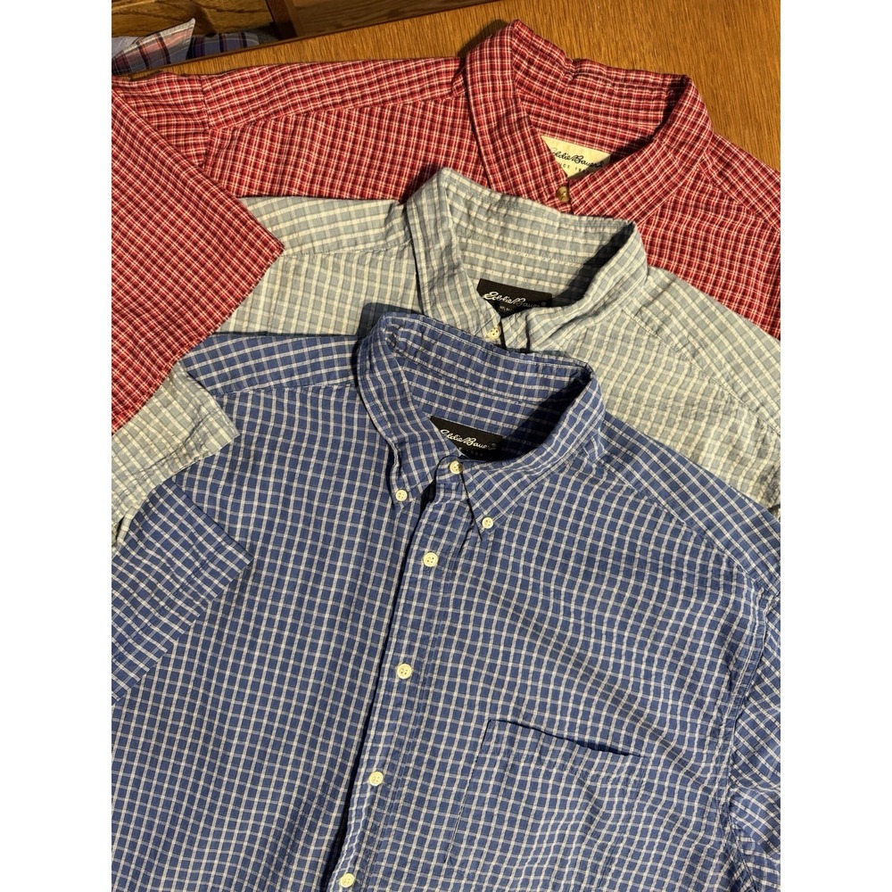 Lot‎ 3 Eddie Bauer Men's XL Shirts 2 Blue Seersucker Plaid 1 Red Plaid S/S EUC